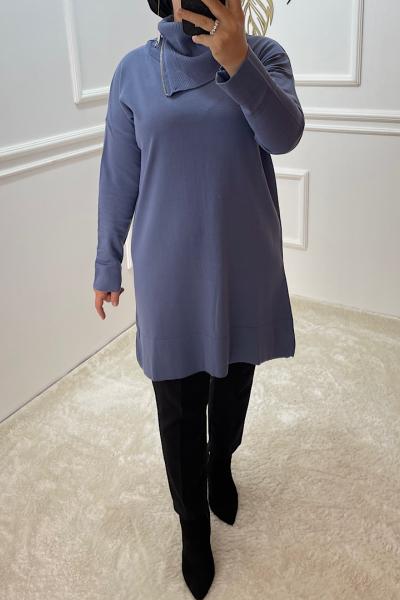 Yaka Fermuar Detaylı Triko Tunik Gri