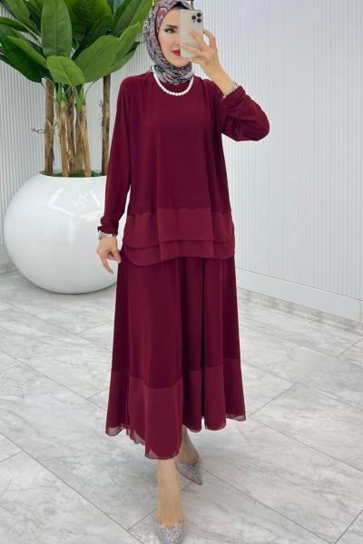 Bordo Premium Aksu Etek Takım Tesettür Giyim