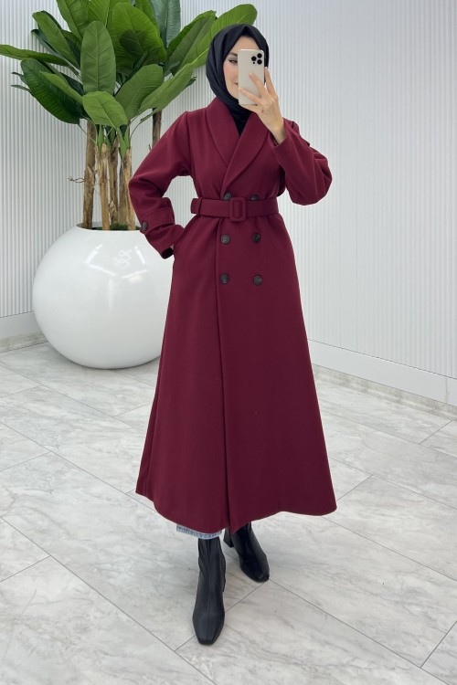 Bordo Premium Kaşe Kaban Tesettür Giyim