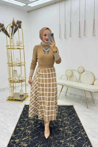 Camel Ekose Triko Takım Tesettür Giyim