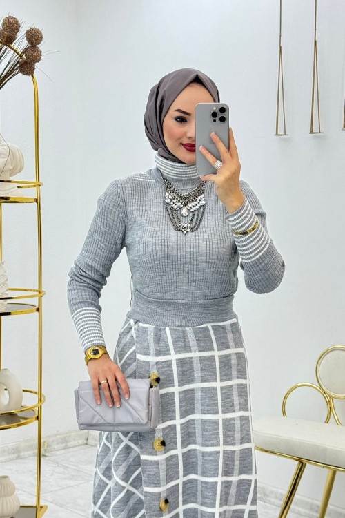 Gri Ekose Triko Takım Tesettür Giyim