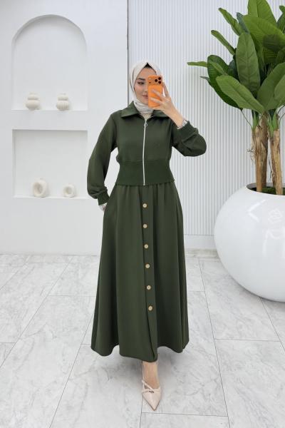 Haki Şazeli Premium Etek Takım Tesettür Giyim