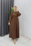 Kahve Hifa Piliseli Elbise Tesettür Giyim