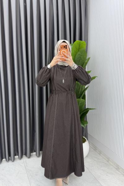 Kahve Premium Bağcıklı Kot Elbise Tesettür Giyim