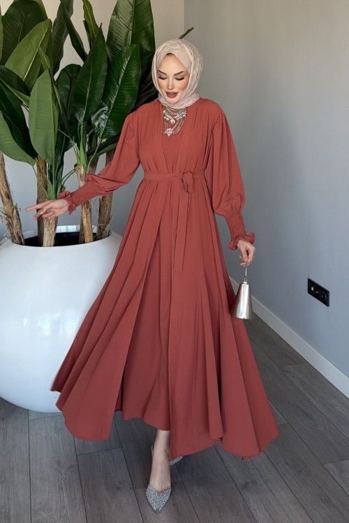 Kiremit Meşk Abaya Takım Tesettür Giyim