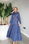 Lacivert Premium Kemerli Melise Kot Elbise Tesettür Giyim