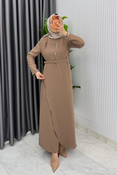 Latte  Kemerli Nalan Tulum Elbise Tesettür Giyim