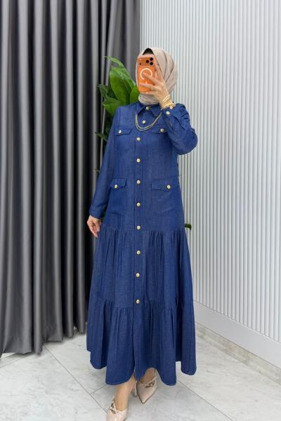 Mavi  Kemerli Eslem Kot Elbise Tesettür Giyim