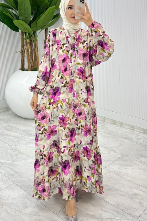 Mor Aşikar Elbise Tesettür Giyim