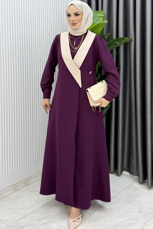 Mürdüm Yeşim Uzun Ceket Kap Ferace Tesettür Giyim