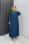 Petrol Hifa Piliseli Elbise Tesettür Giyim