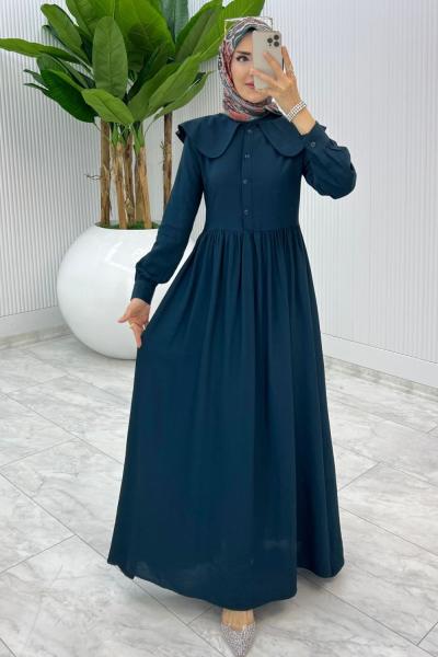 Petrol Premium Bebe Yaka Elbise Tesettür Giyim