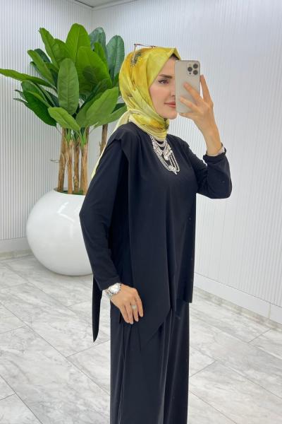 Siyah Asimetrik Takım Tesettür Giyim