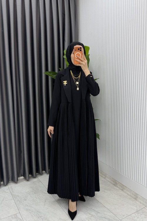 Siyah Broşlu Premıum Sibel Tasarım Takım Tesettür Giyim