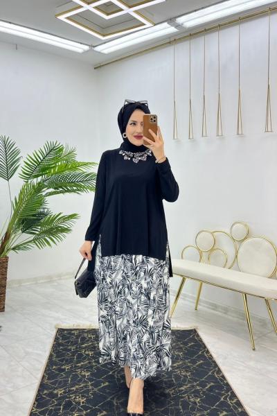 Siyah Sendi Palmiye Etek Takım Tesettür Giyim