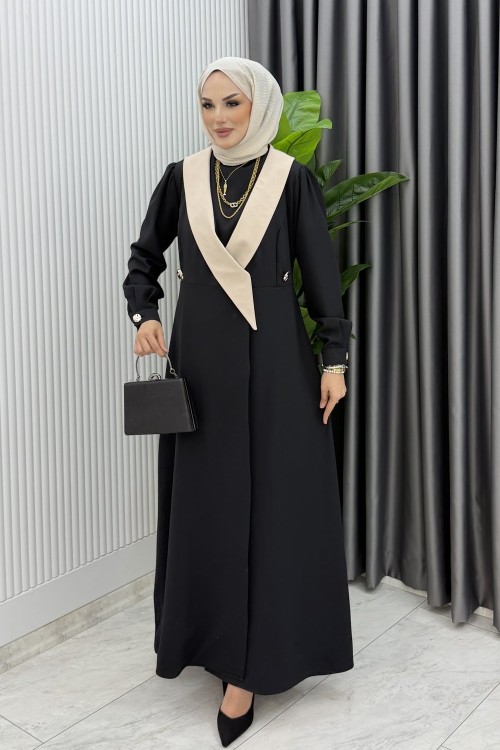 Siyah Yeşim Uzun Ceket Kap Ferace Tesettür Giyim
