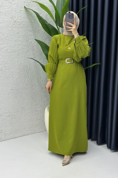 Yağ Yeşili Narin Elbise Tesettür Giyim