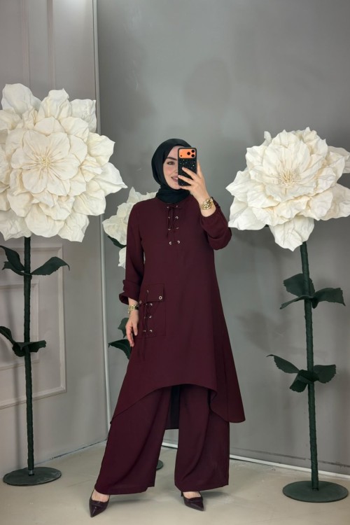 İp Detaylı Takım Bordo