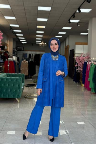 Üçlü Keten Takım Saks Mavisi
