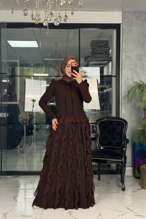 Yazel Abiye Elbise Kahverengi