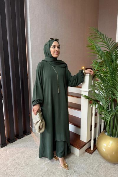 Asimetrik Detay Şallı Üçlü Takım Haki