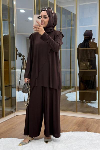 Çapraz Şal Detaylı Tilda Kumaş Takım Kahverengi