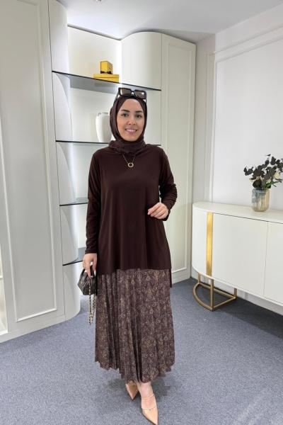 Etnik Desen Tilda Etekli Takım Kahverengi