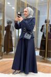 Kulp Detaylı Astarlı Etekli Takım Lacivert