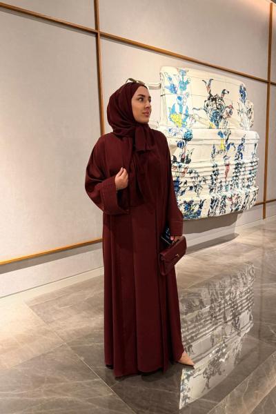 Nervürlü Elbise Abaya Bordo