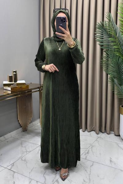 Multi Piliseli Kadife Elbise Haki