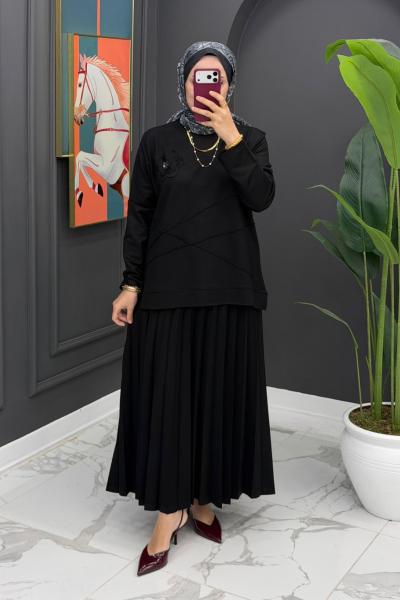 Çiçek Detaylı Etekli Takım - Siyah