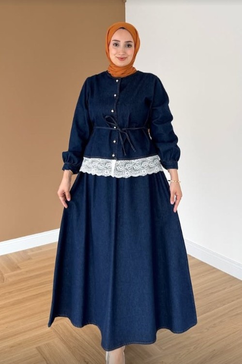 Dantel Detaylı Kot Takım- Koyu Mavi