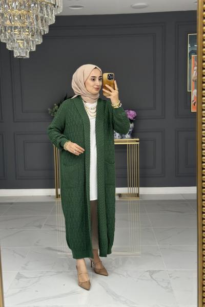 Hane uzun triko hırka - yeşil