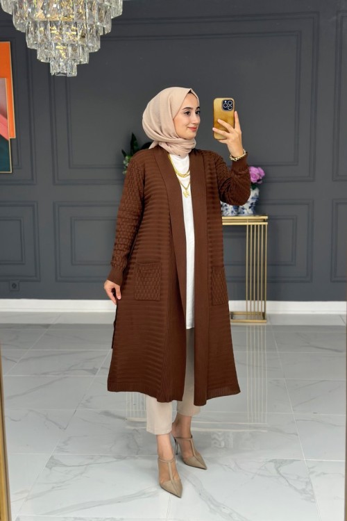 Nefes Uzun Triko Hırka - kahve