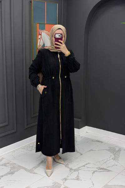 Qupra Kumaş Uzun Kap - Siyah