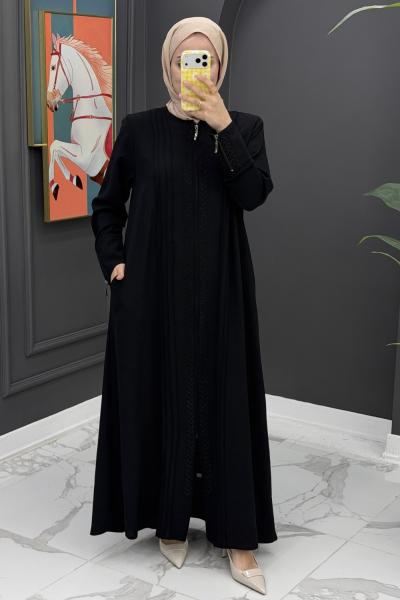 Taş Detaylı Tasarım Ferace-Siyah