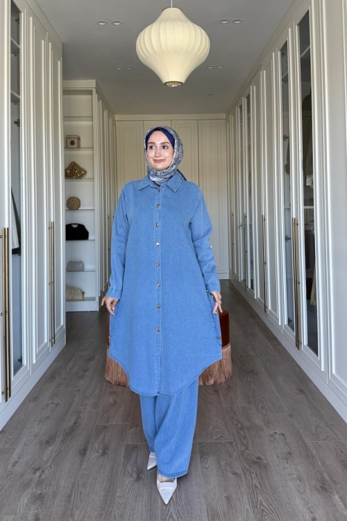 YANLARI DÜĞMELİ KOT TAKIM - MAVİ