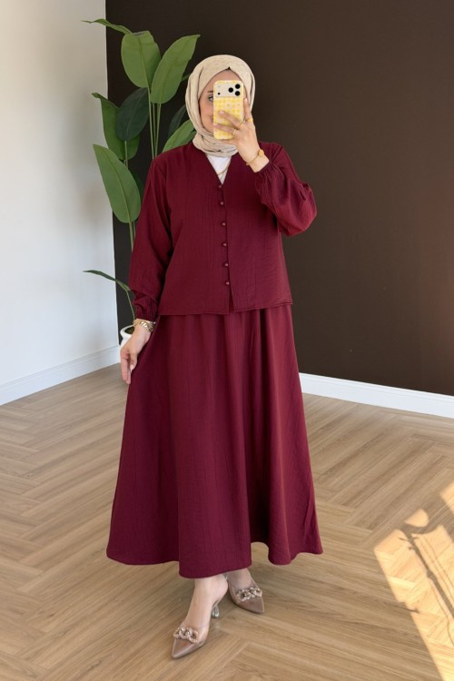 Zenan Düğmeli Etekli Takım - Bordo