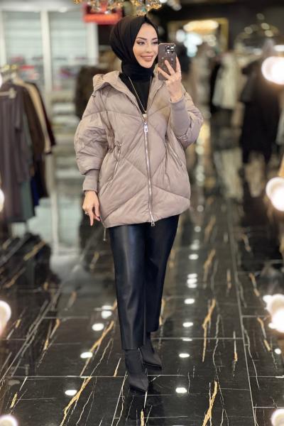 0004 Cep Ve Ön Fermuarlı Kapşonlu Şişme Mont Bej