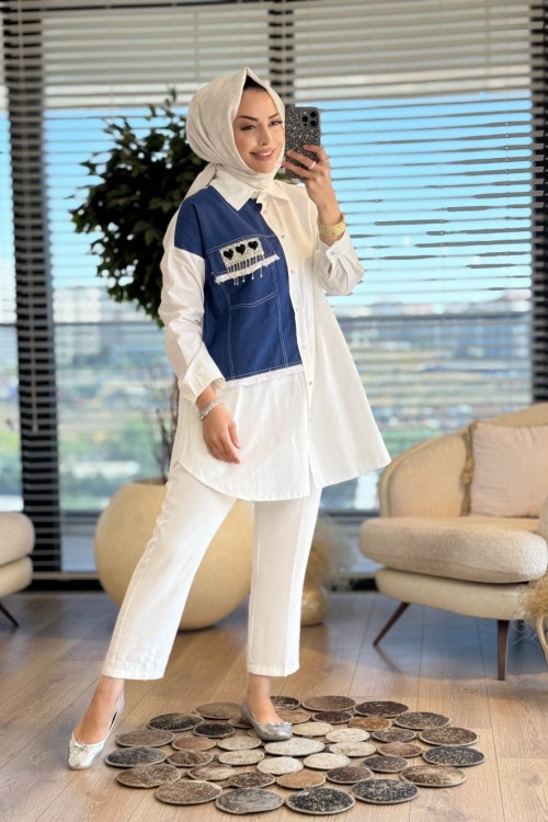 01-1204 Sol Taraf Kot Ve Zincir Detaylı Gömlek Beyaz