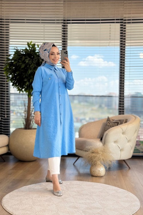01-1294 Ön Düğmeli Uzun Tunik Mavi