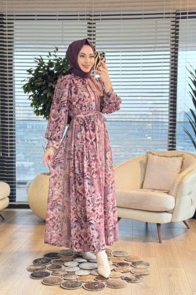 014 Şifon Üstü Karışık Çiçek Desen Elbise Gül