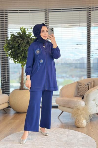 02-2379 Ön İki Çiçek Nakışlı  Fermuarlı Takım Lacivert