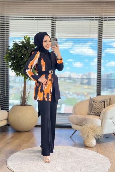 02-2397 Sol Taraf Desenli Takım Siyah Oranj