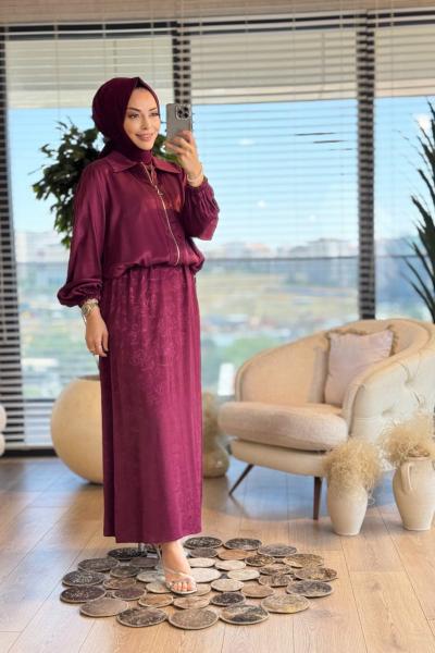 02-2520 Kendinden Çiçek Desenli Üst Ceketli 2li Takım Bordo