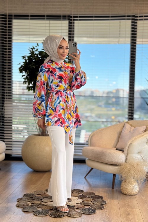 02-2527 Renkli Çiçekli Bluz Pantolon Takım Pembe Ekru
