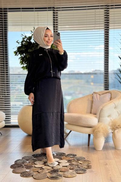 02-2530 Robası Şerit Parça Detaylı Fermuarlı Takım Siyah