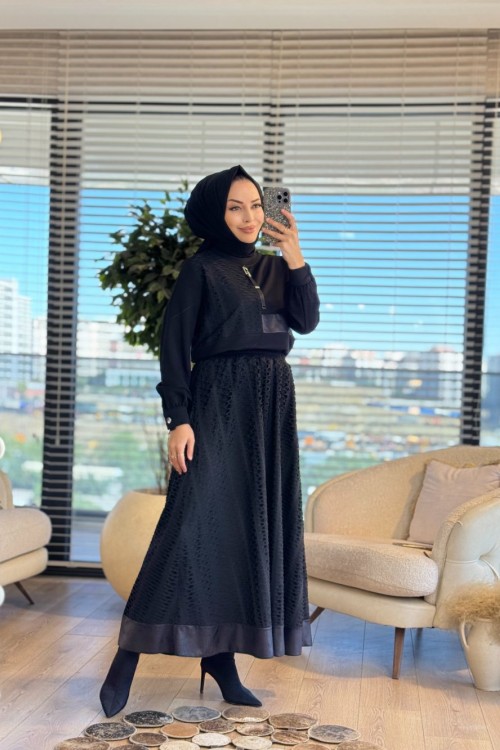 02-2665 Sol Göğüs Ve Eteği Fileli Takım Siyah