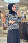 02-2681 Ribana Enine Çizgili Bluz Takım Siyah