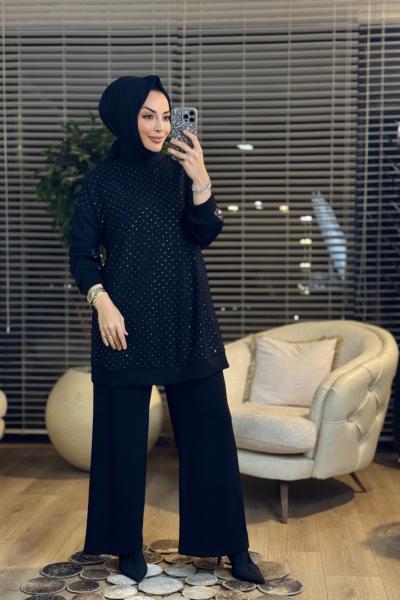 02-2727 Önü Serpme Taş Baskılı Takım Siyah